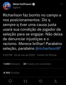 Tweet de Gleisi Hoffmann